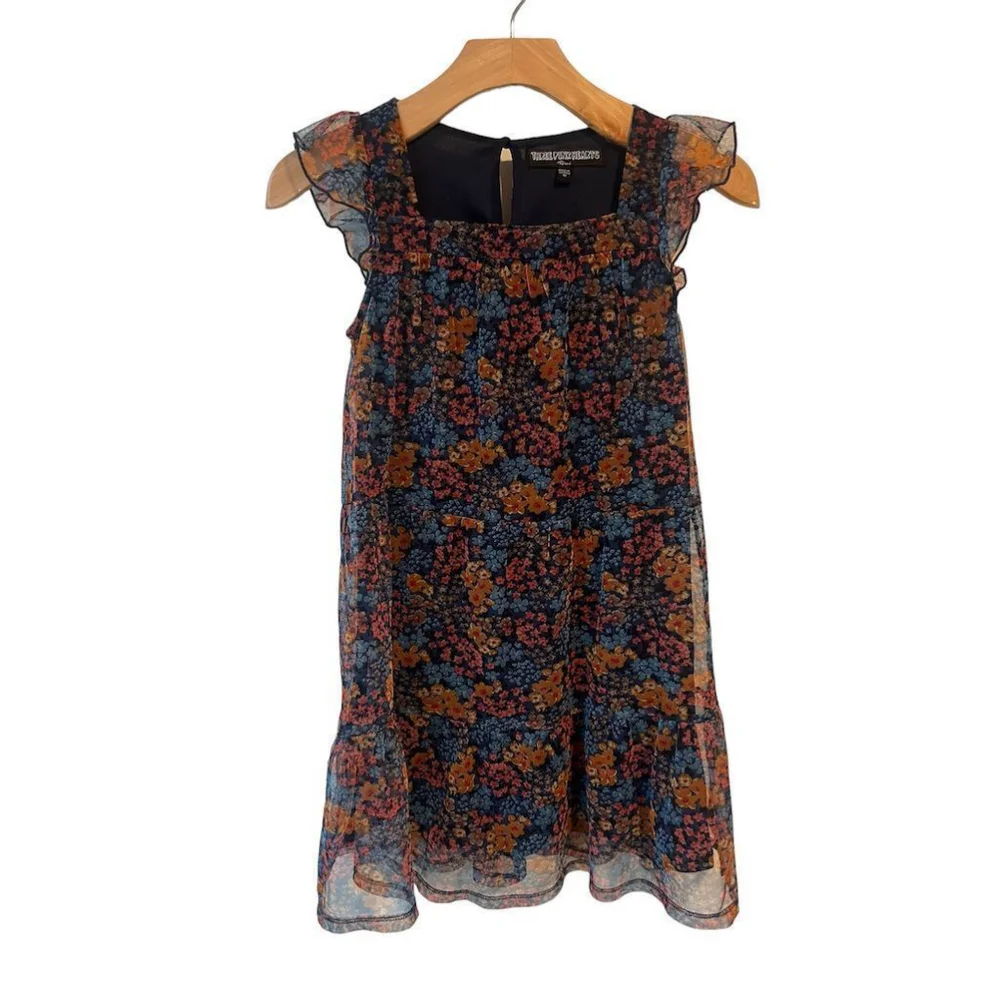Three Pink Hearts Dress Girls Medium Floral Ruffle Knee Length Short Sleeve
